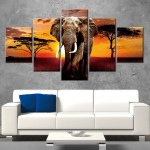Tableau éléphant dans la brousse au couché du soleil Tableau Éléphant Tableau Animaux format: Horizontal