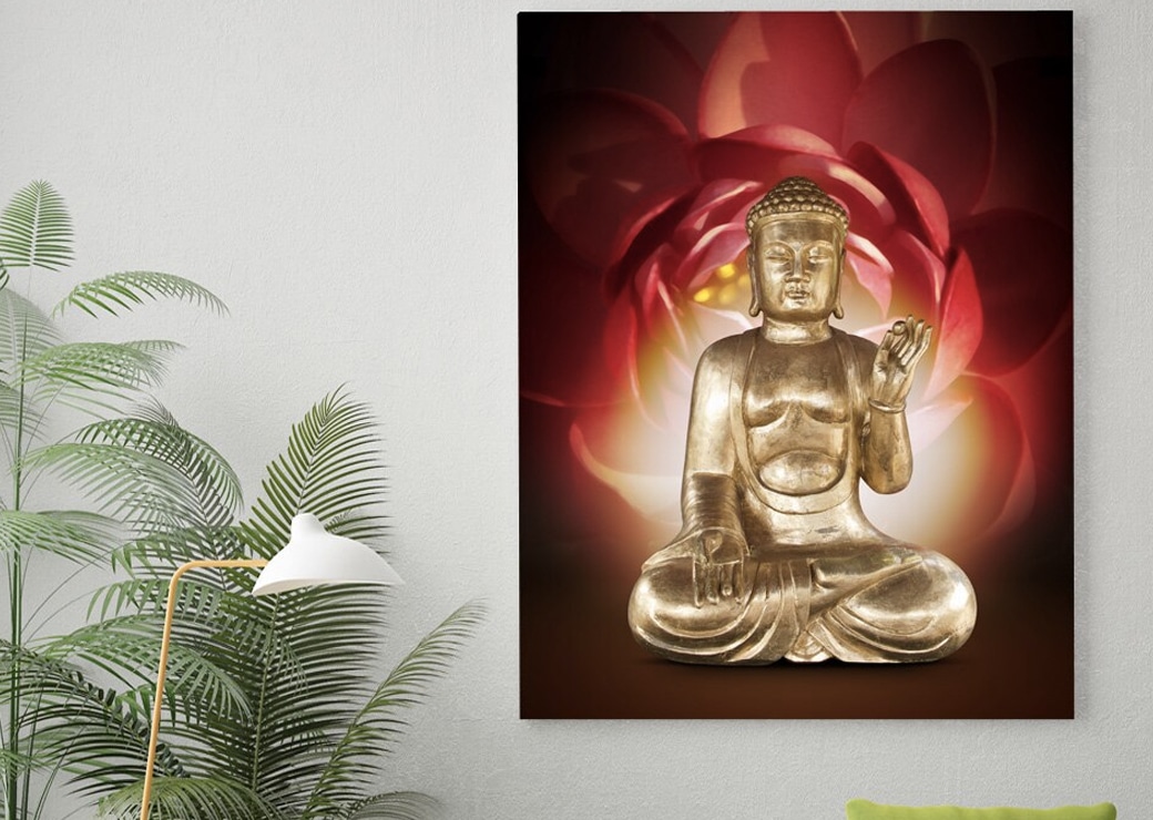 Tableau Bouddha et fleur de lotus rouge