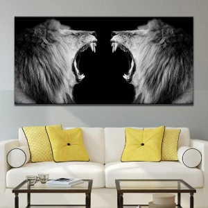 Tableau lions qui rugissent en noir et blanc Tableau Animaux Tableau Lion