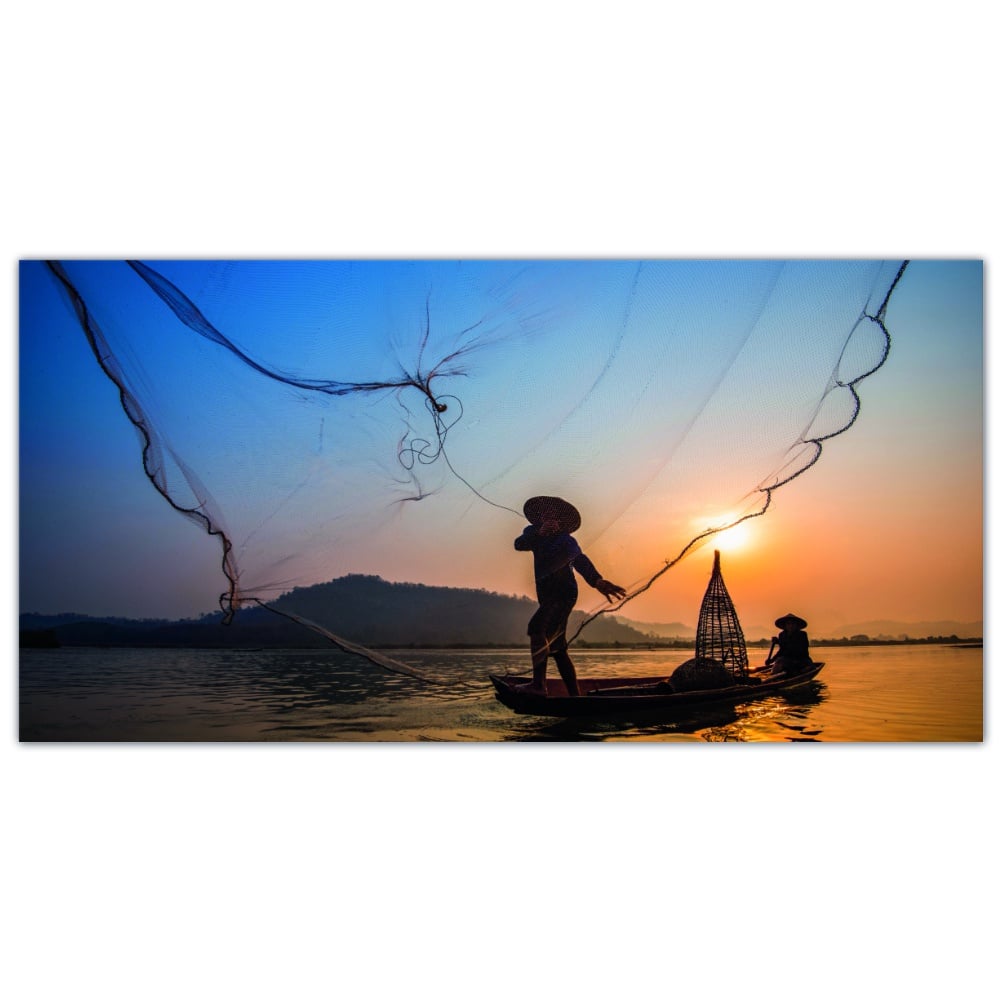 Tableau d’un Pêcheur en Asie au coucher du soleil Tableau Nature Tableau Paysage taille: XXS|XS|S|M|L|XL|XXL
