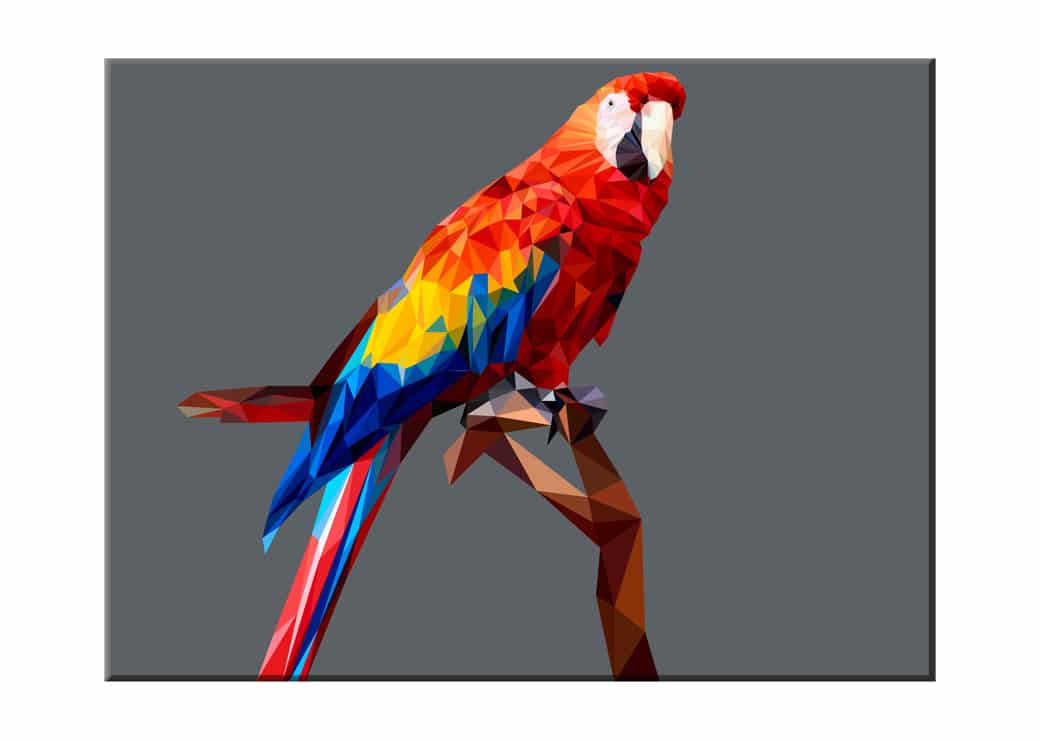 Tableau représentant un dessin d'un perroquet aux formes géométriques et aux couleurs vives