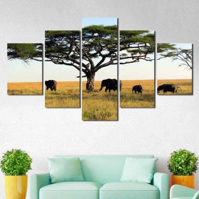 Cuadro Elefantes bajo un árbol en la sabana