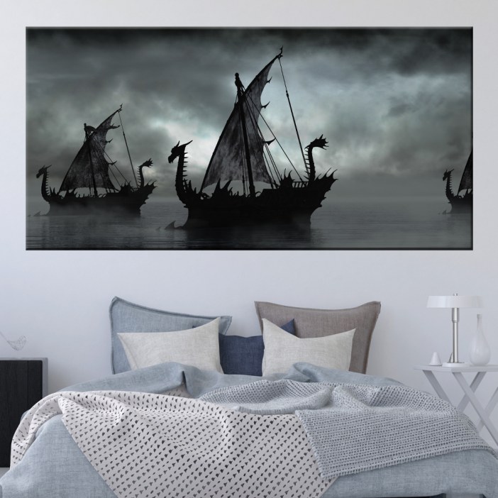 Cuadro Barcos vikingos y lago con niebla
