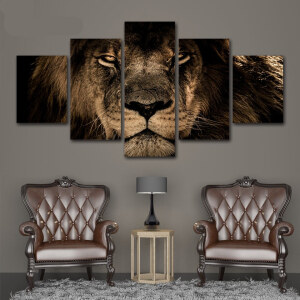 Tableau en cinq parties représentant la tête d'un lion.