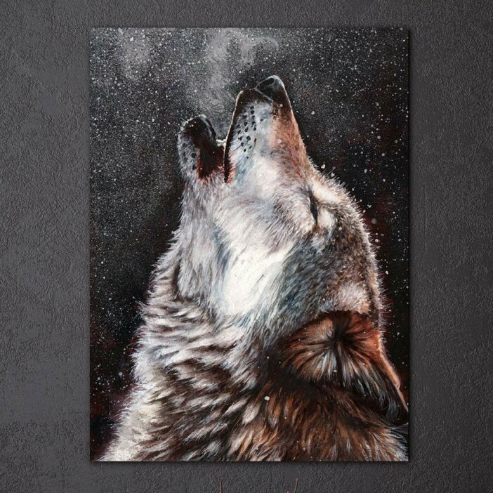 Tableau loup qui hurle sous la neige