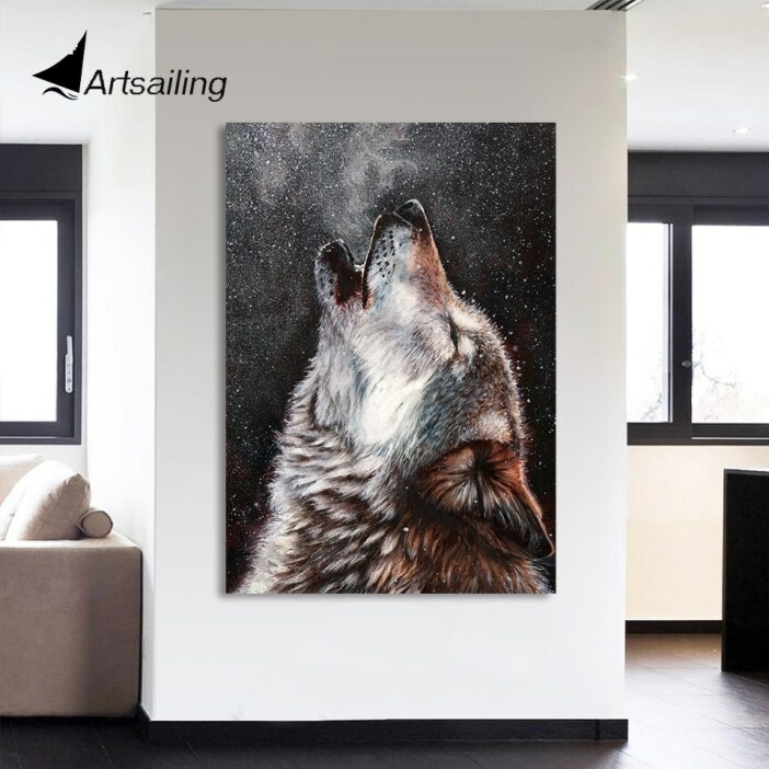 Tableau loup qui hurle sous la neige