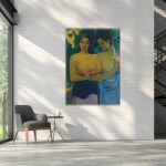 Tableau Gauguin Les seins aux fleurs rouges. Bonne qualité, original, accrochée sur un mur au dessus d'un canapé dans un salon