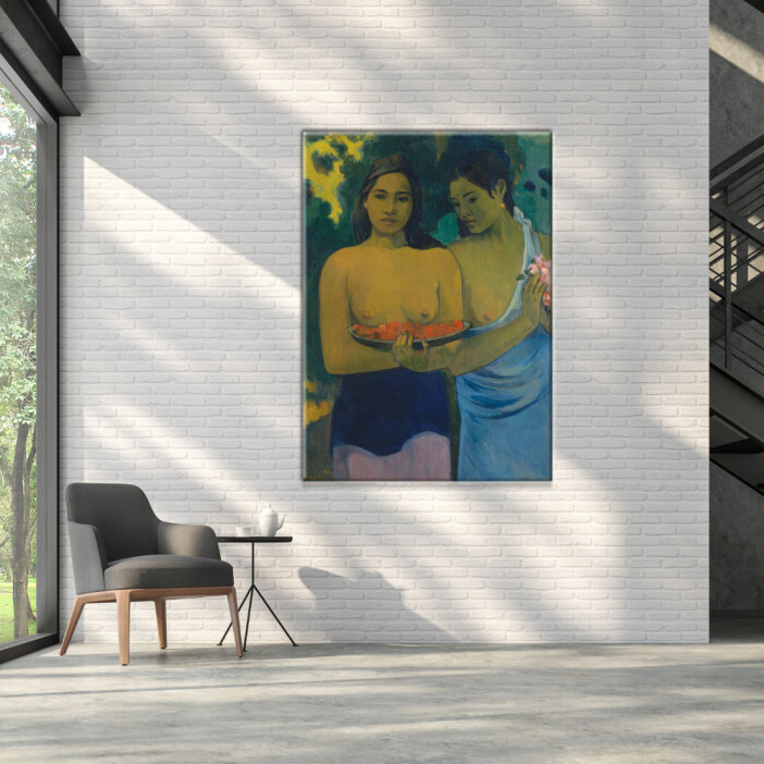 Gauguin-les-seins-aux-fleurs-rouges-4 Tableau Gauguin Les seins aux fleurs rouges. Bonne qualité, original, accrochée sur un mur au dessus d'un canapé dans un salon