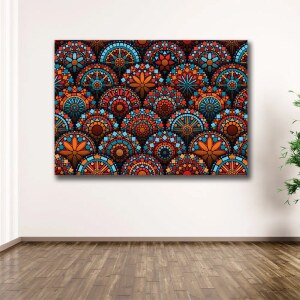 Ce tableau représente une mosaïque de mandalas colorés