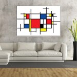 Tableau Mondrian Composition Large. Bonne qualité, original, accrochée sur un mur au dessus d'un canapé dans un salon