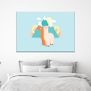 Tableau 2 lamas mignons. Bonne qualité, original, accrochée sur un mur au dessus d'un lit dans une maison
