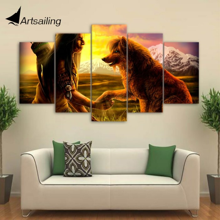 Tableau Amérindien et loup