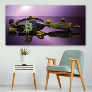 Tableau Bitcoin à côté d'une loupe magique. Bonne qualité, original, accrochée sur un mur au dessus d'un canapé dans un salon