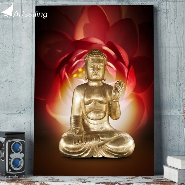 Tableau Bouddha et fleur de lotus rouge