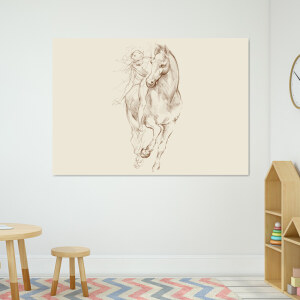 Tableau Cheval et Cavalier. Bonne qualité, original, accrochée sur un mur dans un salon