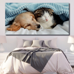 Tableau Chien et chat sous une couverture bleue Tableau Animaux Tableau Chat Tableau Chien