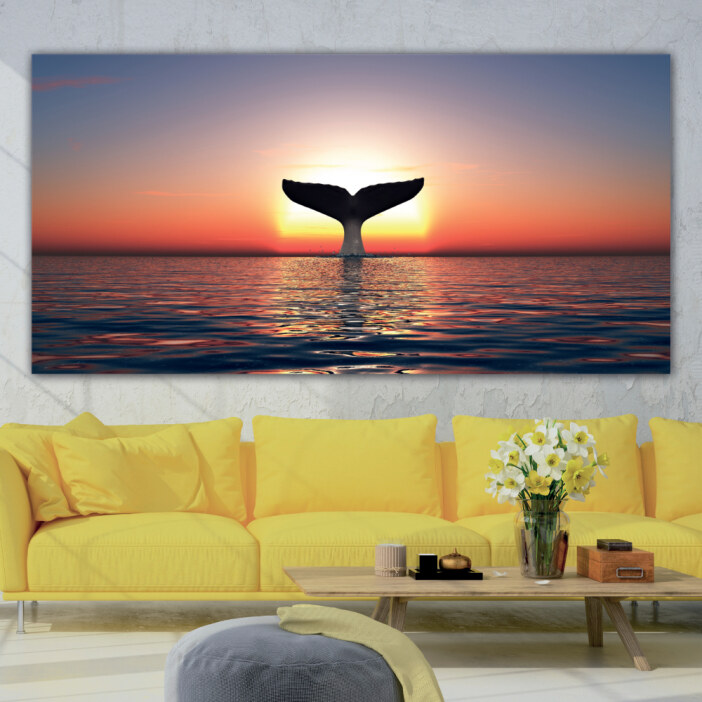Tableau Conte de baleine devant le coucher du soleil Tableau Animaux Tableau Baleine Tableau Mer Tableau Nature