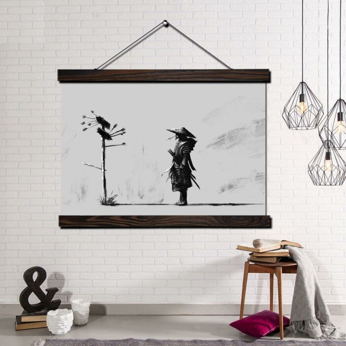 Tableau-Japonais-Samourai-1 Tableau Japonais Samouraï. Bonne qualité, original, accrochée sur un mur dans un salon