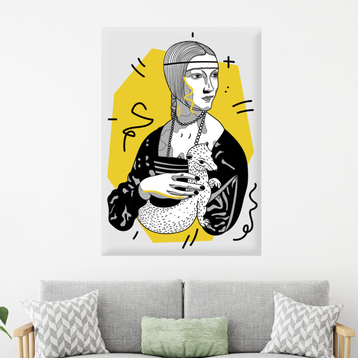 Tableau La Dame à l'hermine. Bonne qualité, original, accrochée sur un mur au dessus d'un canapé dans un salon