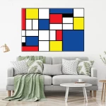 Tableau Mondrian Composition Bleu. Bonne qualité, original, accrochée sur un mur au dessus d'un canapé dans un salon