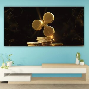 Tableau Monnaie digitale Ripple. Bonne qualité, original, accrochée sur un mur au dessus d'une table dans un salon