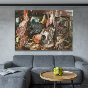 Tableau Nature morte étalage de viande avec la sainte famille faisant l’aumône Tableau Nature Tableau Nature morte taille: XXS