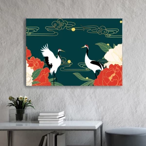 Tableau Oriental Chinois avec cigognes et fleurs. Bonne qualité, original, accrochée sur un mur au dessus d'une table dans un salon