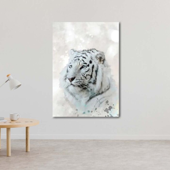 Tableau-Peinture-dun-tigre-blanc-JPG-1 Tableau d'une Peinture d'un tigre blanc. Bonne qualité, original, accroché sur un mur dans une maison