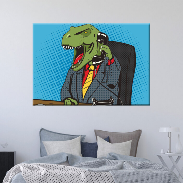 Tableau T-Rex business man pop art. Bonne qualité, original, accroché sur le mur au-dessus d'un lit dans une maison