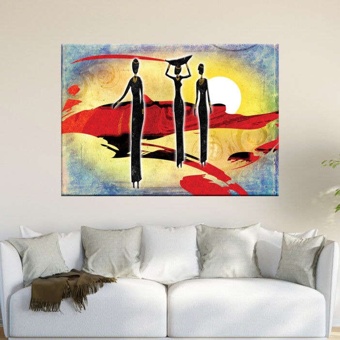 Tableau africain femmes dans le désert. Bonne qualité, original, accrochée sur un mur au dessus d'un canapé dans une maison