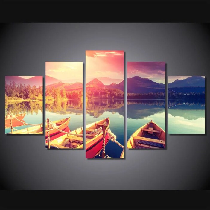 Tableau barques sur un lac de montagne Tableau Bateau Tableaux originaux
