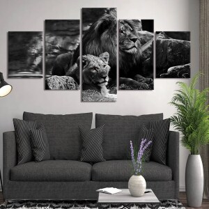 Tableau couple de lion noir et blanc Tableau Lion Tableau Animaux format: Horizontal