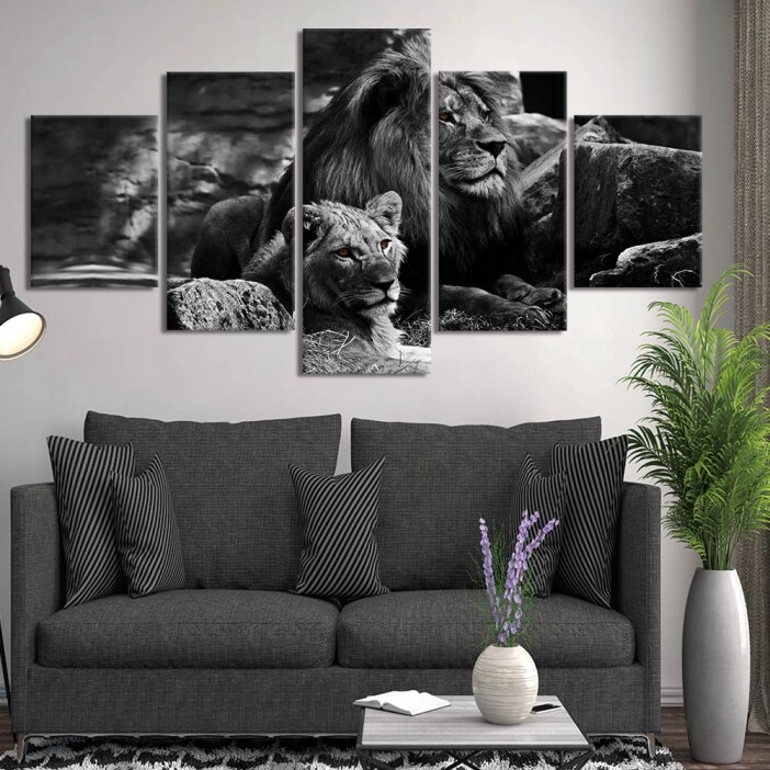 Tableau couple de lion noir et blanc Tableau Lion Tableau Animaux format: Horizontal