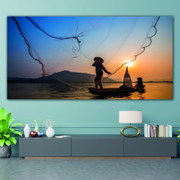 Tableau-dun-Pecheur-en-Asie-au-coucher-du-soleil-2 Tableau d’un Pêcheur en Asie au coucher du soleil Tableau Nature Tableau Paysage taille: XXS