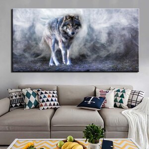 Tableau loup dans la brume