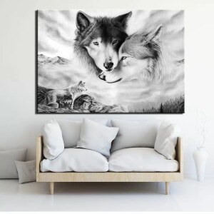 Tableau loups noir et blanc