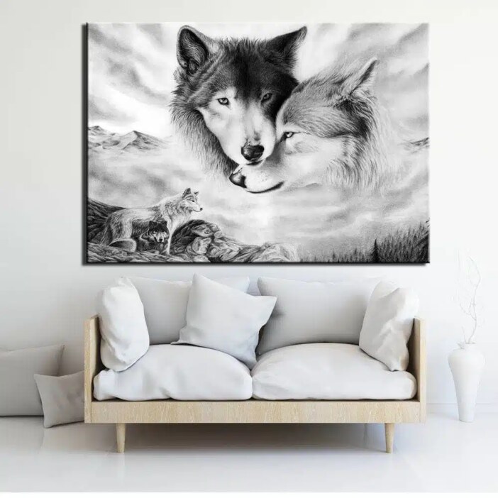 Tableau loups noir et blanc