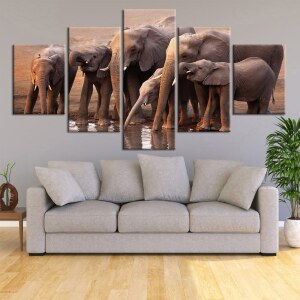 Tableau troupeau d’éléphant s’abreuvant Tableau Éléphant Tableau Animaux format: Horizontal