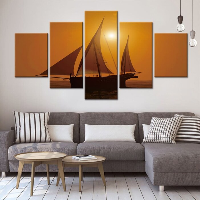 Tableau voilier ciel orange