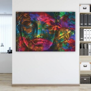 Tableau Bouddha coloré. Bonne qualité, original, accrochée sur un mur dans un salon