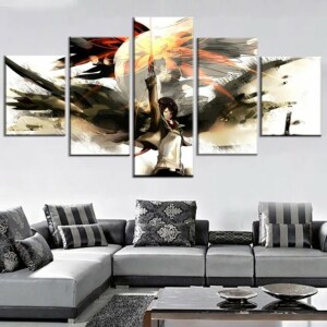 Tableau attaque des titans Ackerman style peinture. Bonne qualité, original, accrochée sur le mur au dessus d'un canapé dans une maison