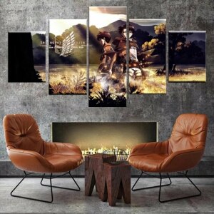 Tableau attaque des titans illustration de série. Bonne qualité, original, accrochée sur un mur au dessus d'un canapé dans un salon