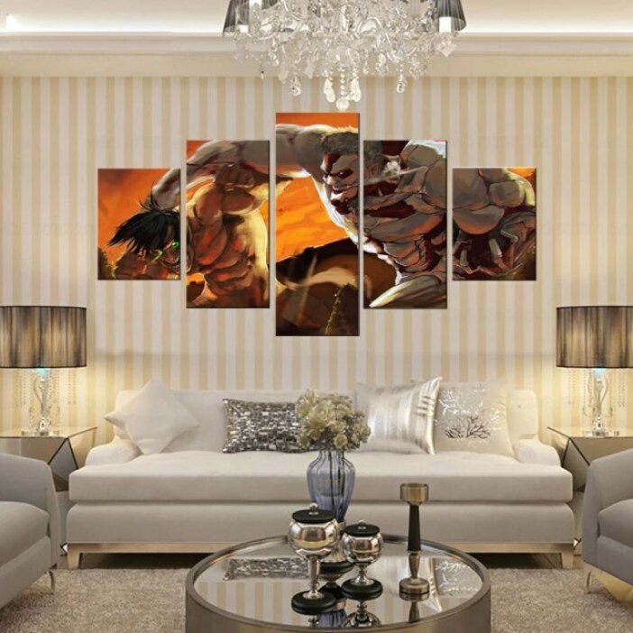 Tableau attaque des titans titan cuirassé en mode attaque. Bonne qualité, original, accrochée sur un mur au dessus d'un canapé dans un salon