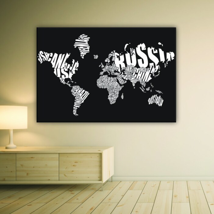 Tableau les mots du monde. Bonne qualité, original, accrochée sur un mur au dessus d'un canapé dans un salon