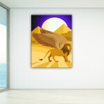 Tableau lion ailé pleine lune. Bonne qualité, original, accrochée sur un mur dans un salon