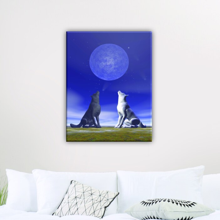 Tableau loup noir et blanc hurlement. Bonne qualité, original, accrochée sur un mur au dessus d'un canapé dans un salon