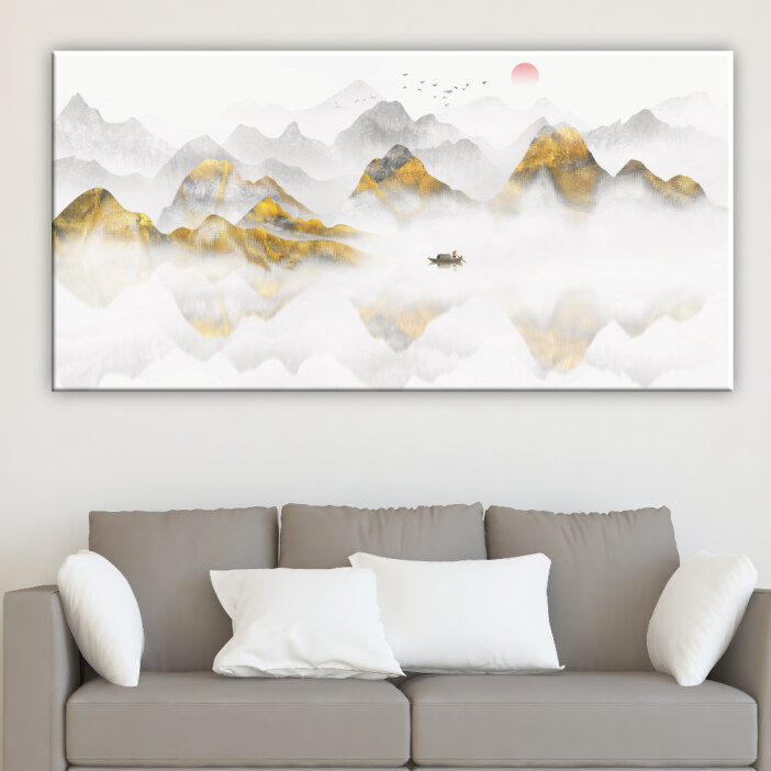 Tableau montagne d'or. Bonne qualité, original, accrochée sur un mur au dessus d'un canapé dans un salon