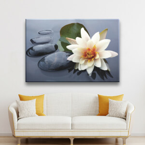 Tableau Nénuphar blanc avec les pierres. Bonne qualité, original, accrochée sur un lit dans un salon
