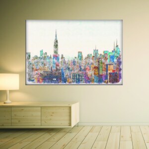 Tableau peinture de ville. Bonne qualité, original, accrochée sur un mur au dessus d'une table dans un salon
