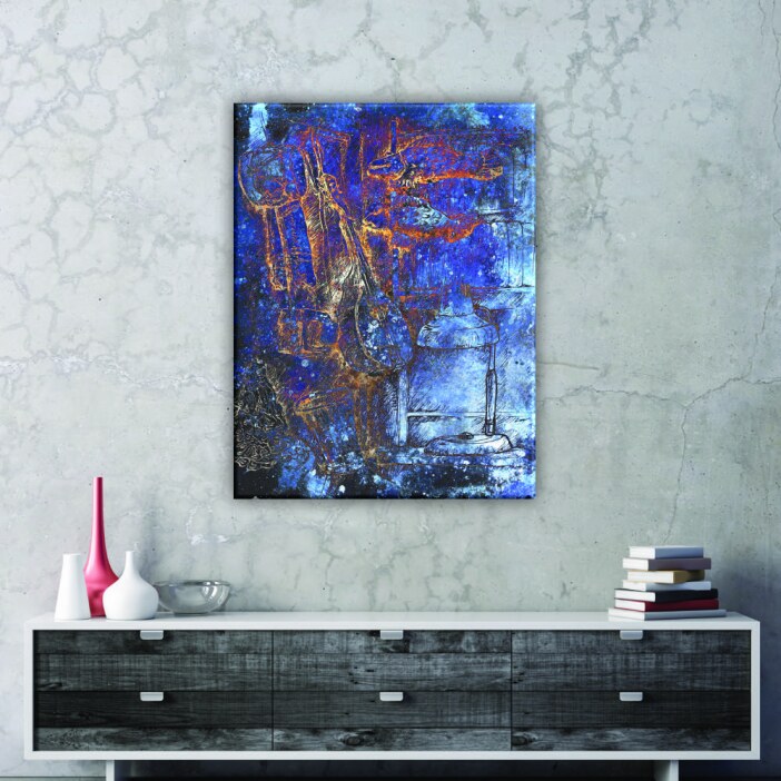 img_Tableau-peinture-psychedelique_01-1 Tableau peinture psychédélique. Bonne qualité, original, accrochée sur un mur au-dessus d'une table dans une maison